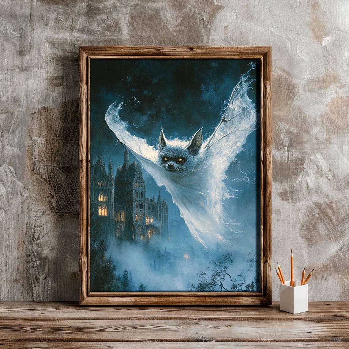 Spectral Blue Ghost Bat Haunted Castle Eerie Night Fantasy Poster - Image 2