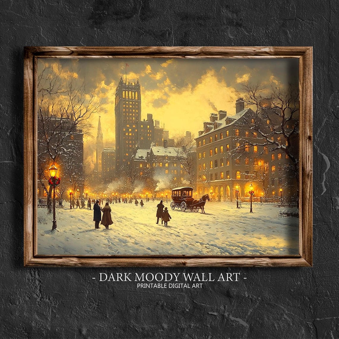 Victorian City Square Snowy Golden Hour Carriage Scene Poster