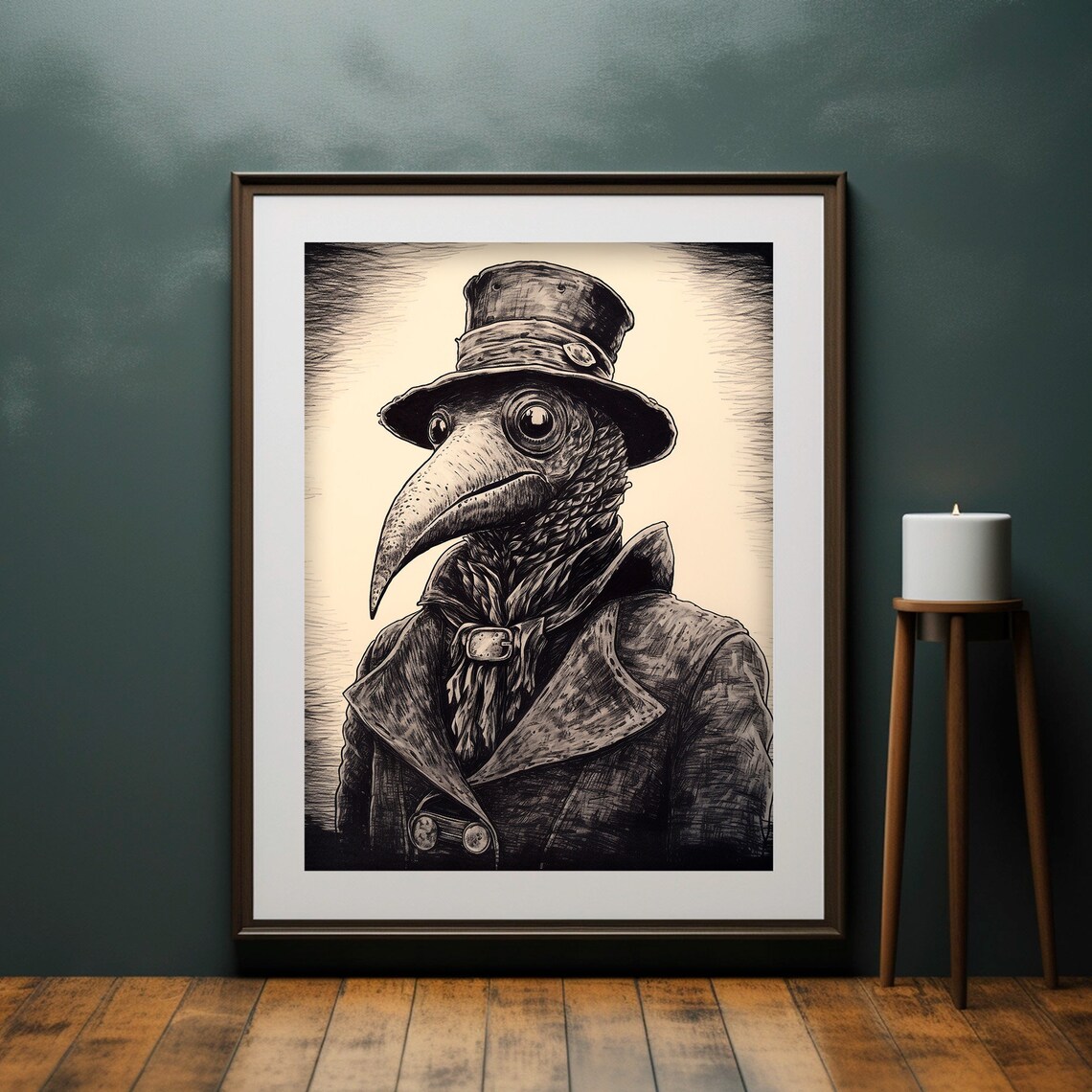 Plague Doctor Beaked Mask Top Hat Monochrome Ink Drawing Poster - Image 2