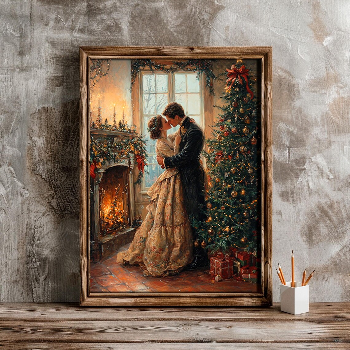 Victorian Couple Kissing Vintage Christmas Art Print - Image 5