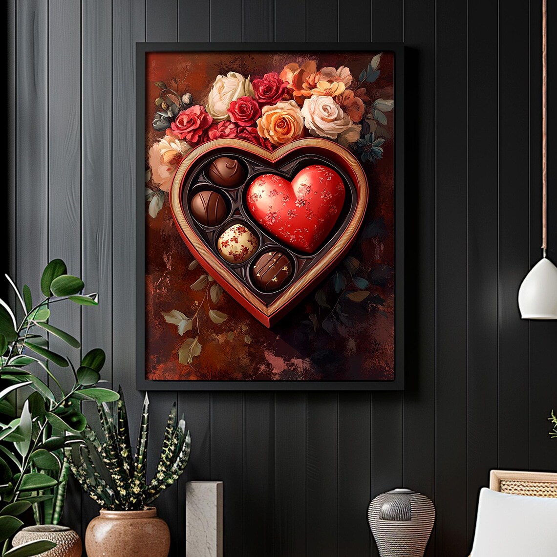 Heart Shaped Chocolate Box With Roses Vintage Valentines Day Wall Art - Image 2