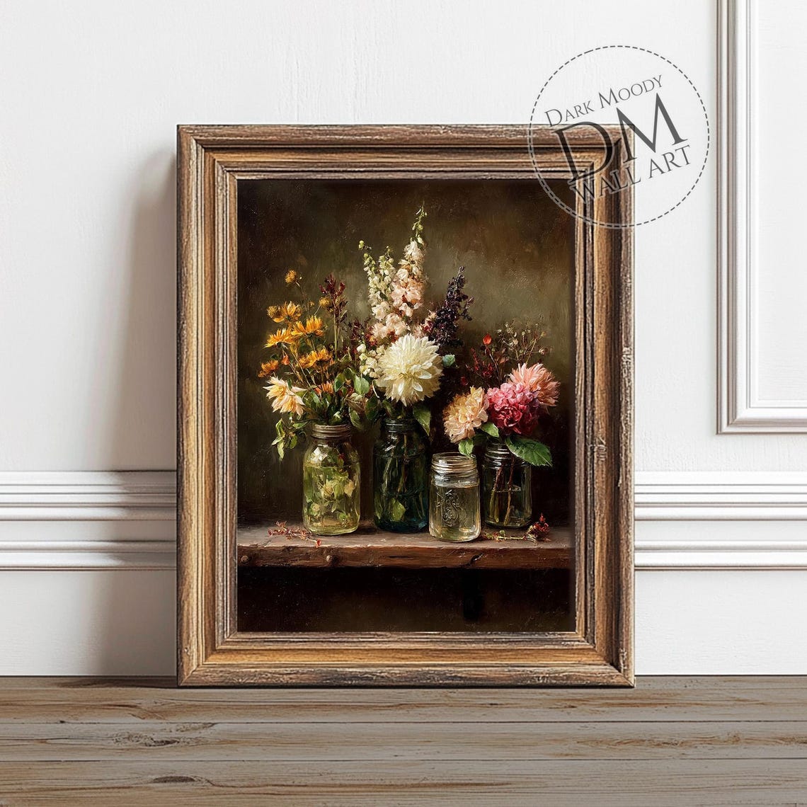 Dark Moody Wildflowers Glass Jars Vintage Rustic Botanical Art Poster