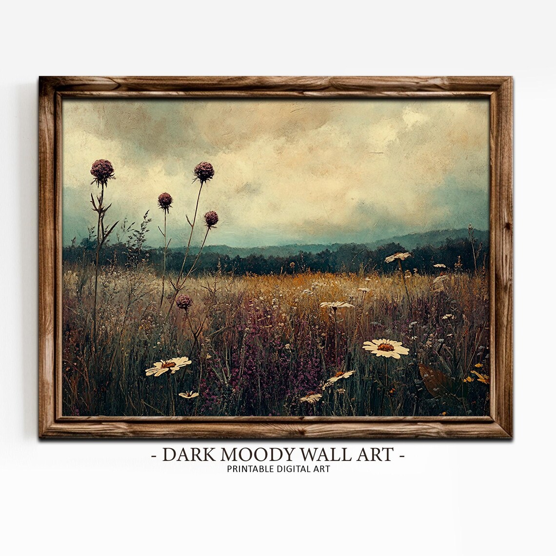 Golden Wildflower Meadow With Thistles and Daisies Misty Hillside Poster - Image 2