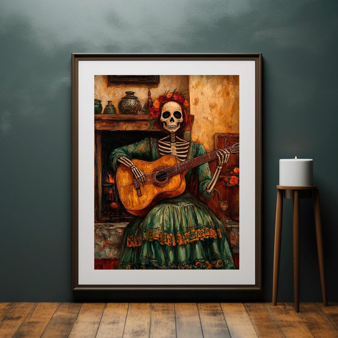 Day of the Dead Skeleton Woman Guitar Fireside Moody Wall Poster - Image 4