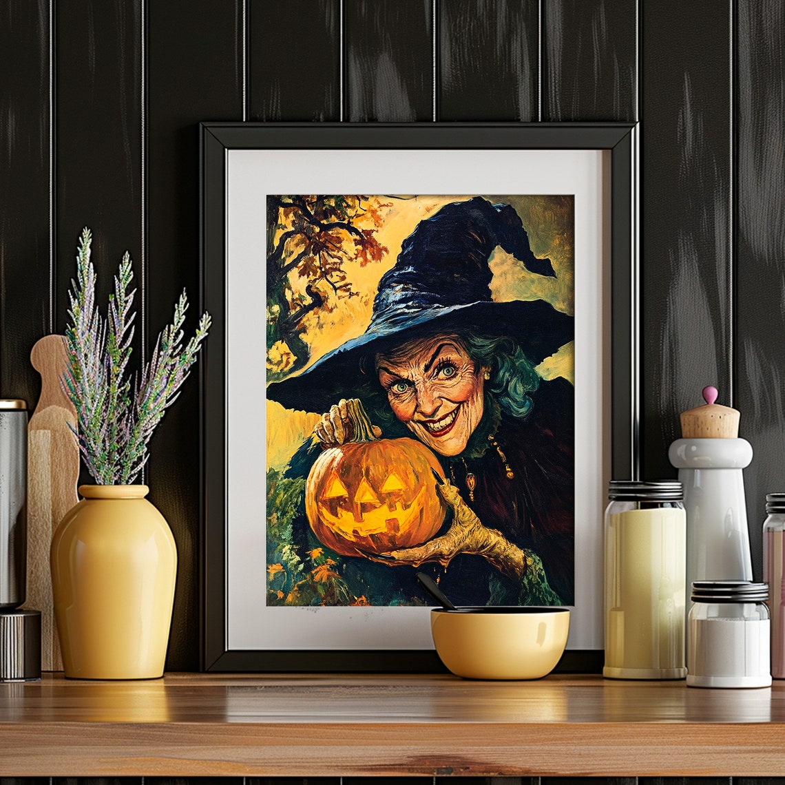 Old Witch Holding Glowing Jack O Lantern Vintage Halloween Poster - Image 6