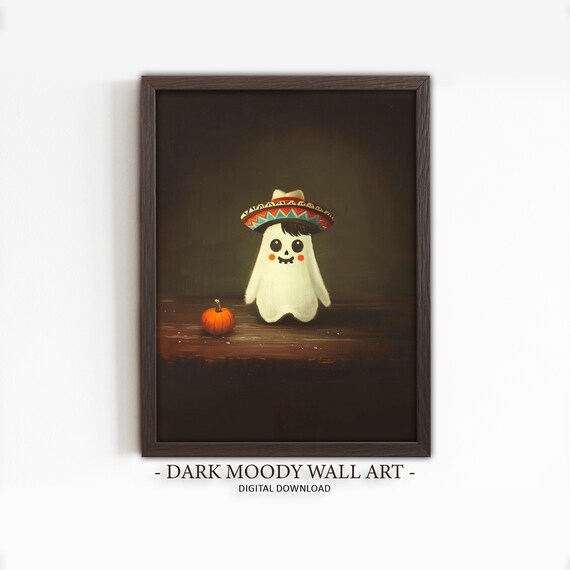 Cute Ghost Wearing Sombrero Pumpkin Halloween Dark Academia Poster