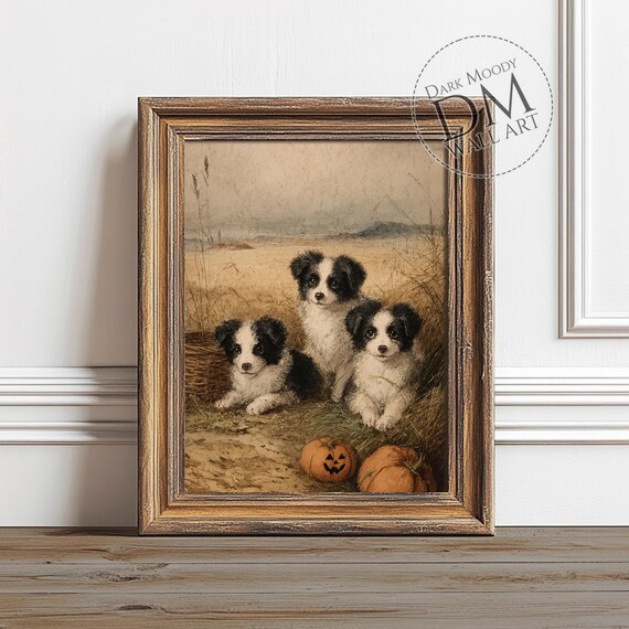 Halloween Puppies Poster Print, Rustic Autumn Pumpkin Dog
