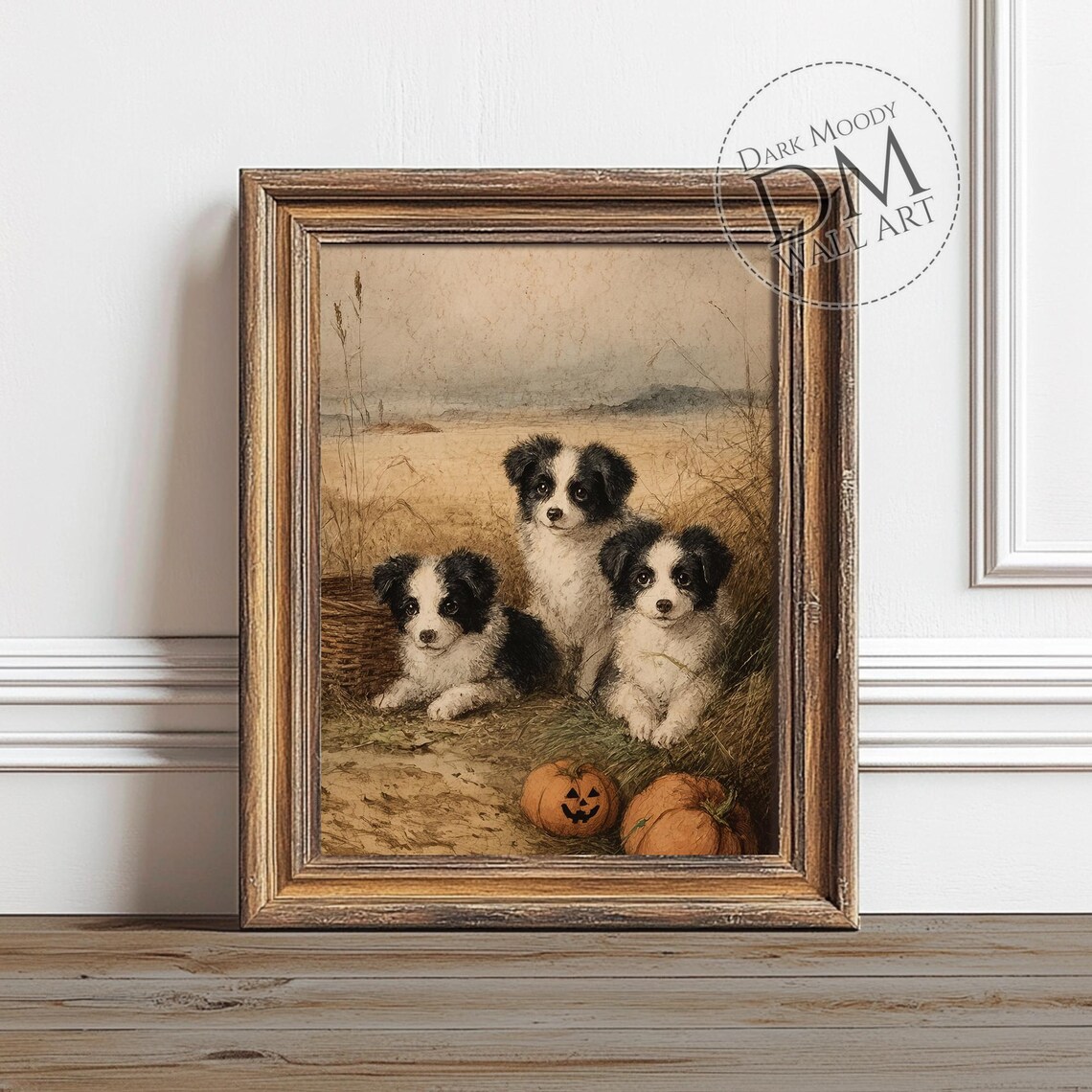 Halloween Puppies Poster Print, Rustic Autumn Pumpkin Dog