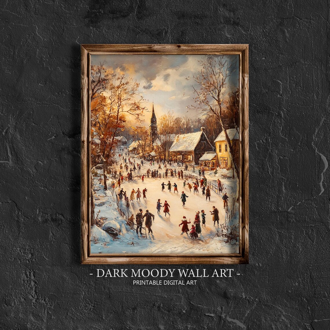 Ice Skaters on Frozen Village Pond Golden Winter Sunset Wall Art - Image 2