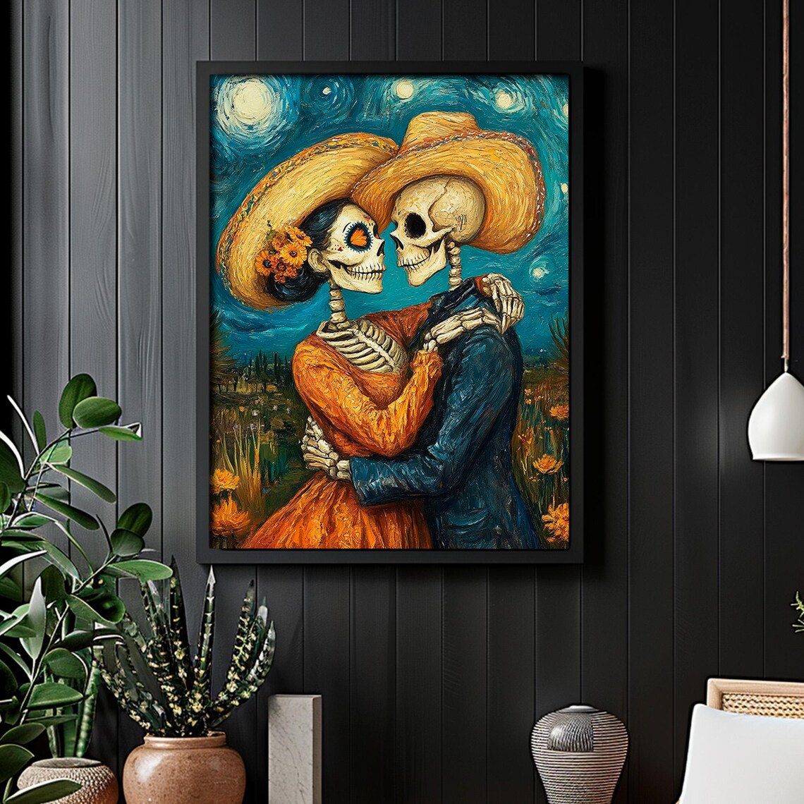 Day of the Dead Skeleton Couple Starry Night Embrace Sugar Skull Portrait Poster - Image 6