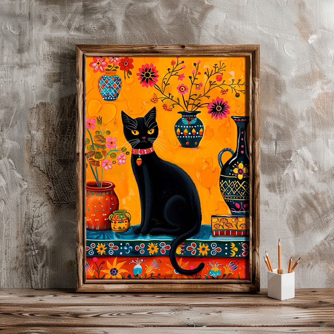 Black Cat Folk Art Painting Pottery Flowers Orange Mexican Art Poster - Image 4