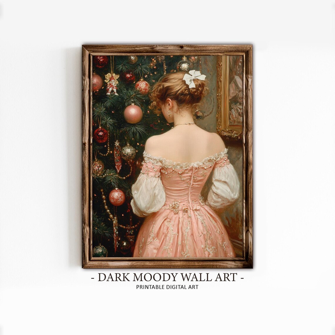 Victorian Lady In Pink Gown Christmas Tree Vintage Portrait Wall Art