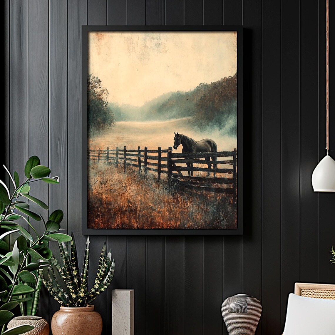 Black Horse Vintage Foggy Landscape Art Print - Image 5