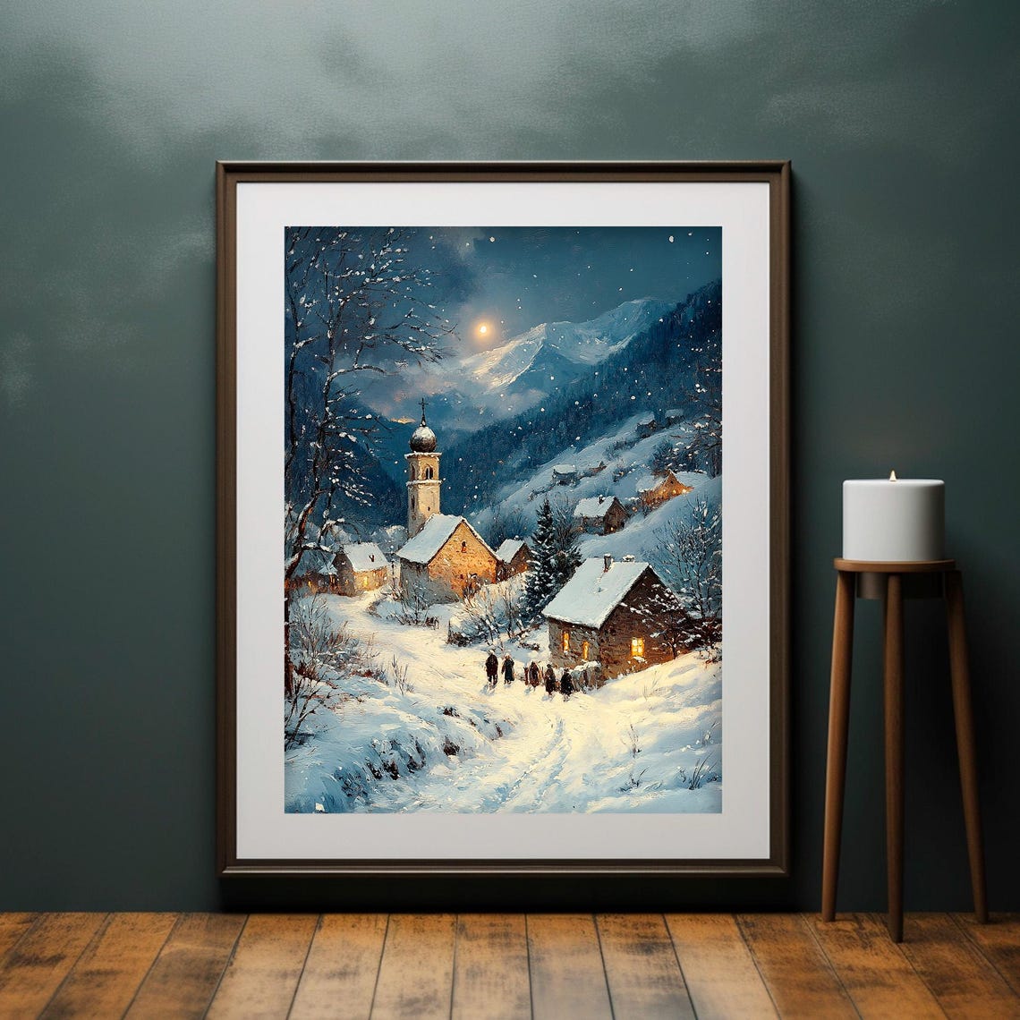 Alpine Village Moonlit Snow Night Winter Landscape Painting Poster - Image 4