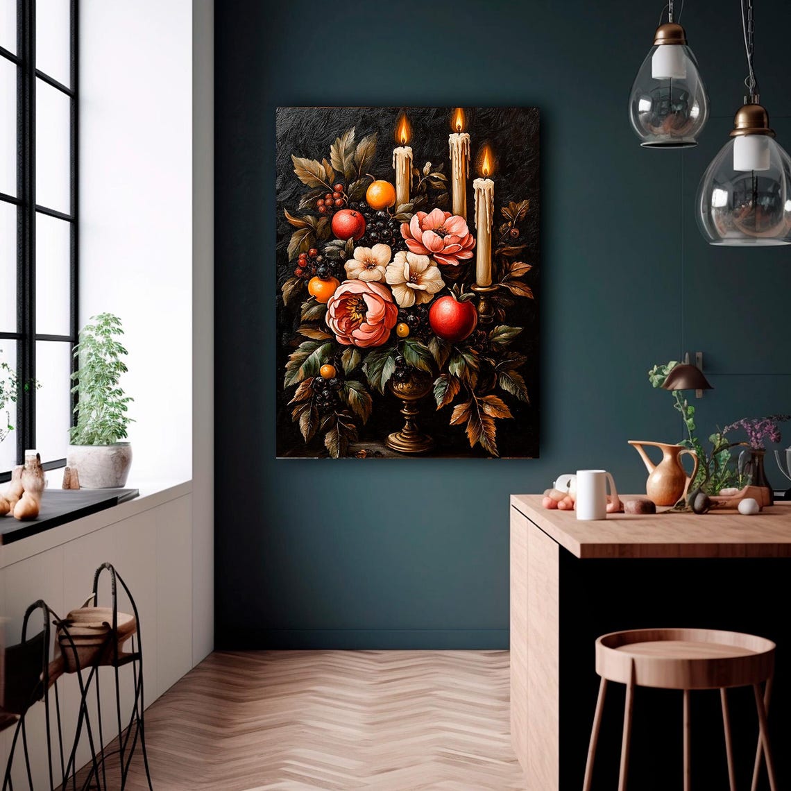 Flowers Candles Fruit Dark Moody Still Life Oil Art Decor Poster - Image 2