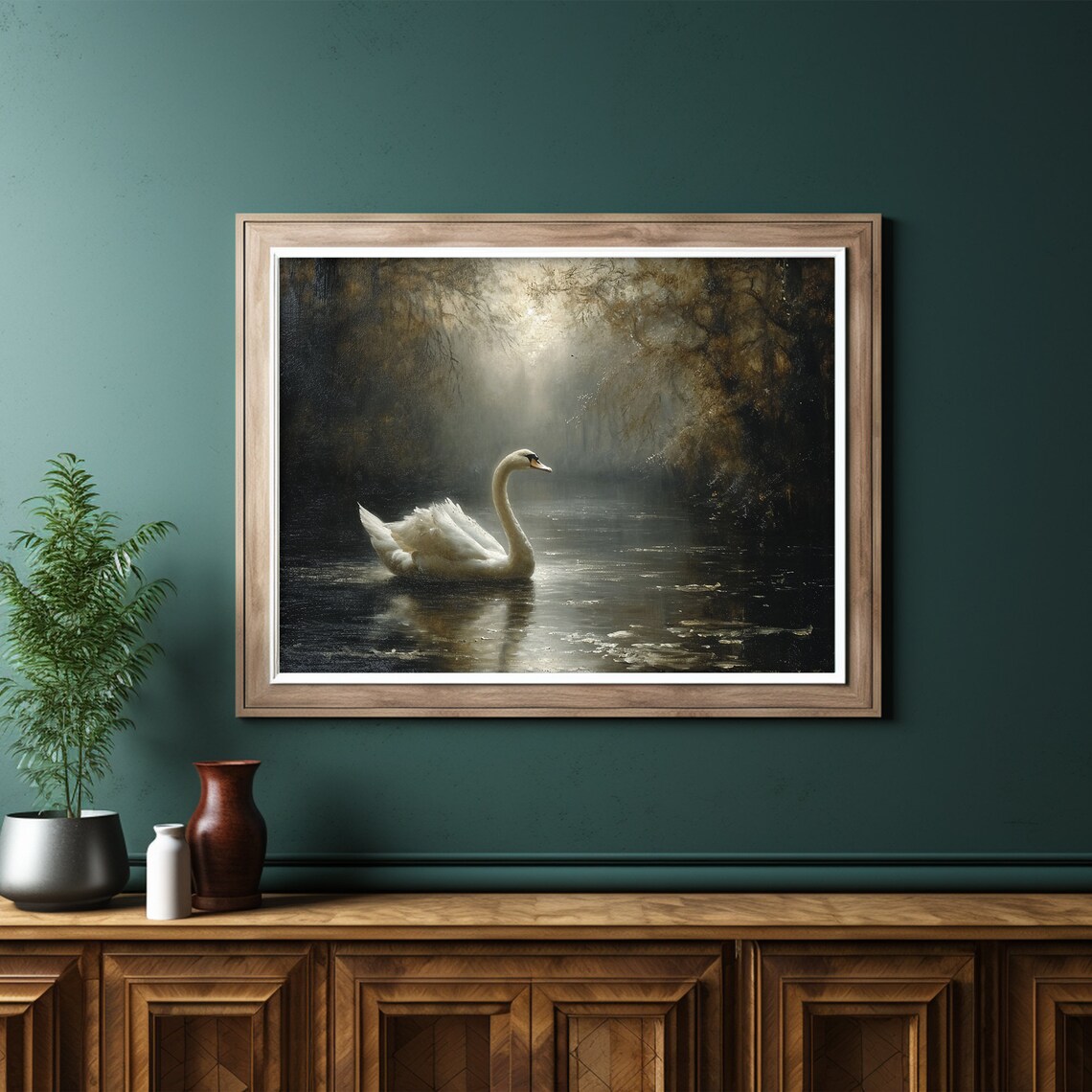 White Swan Art Print, Moody Rustic Landscape - Image 6