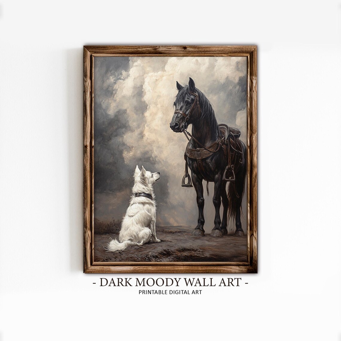 Black Horse And White Dog In Stormy Landscape Vintage Wall Art