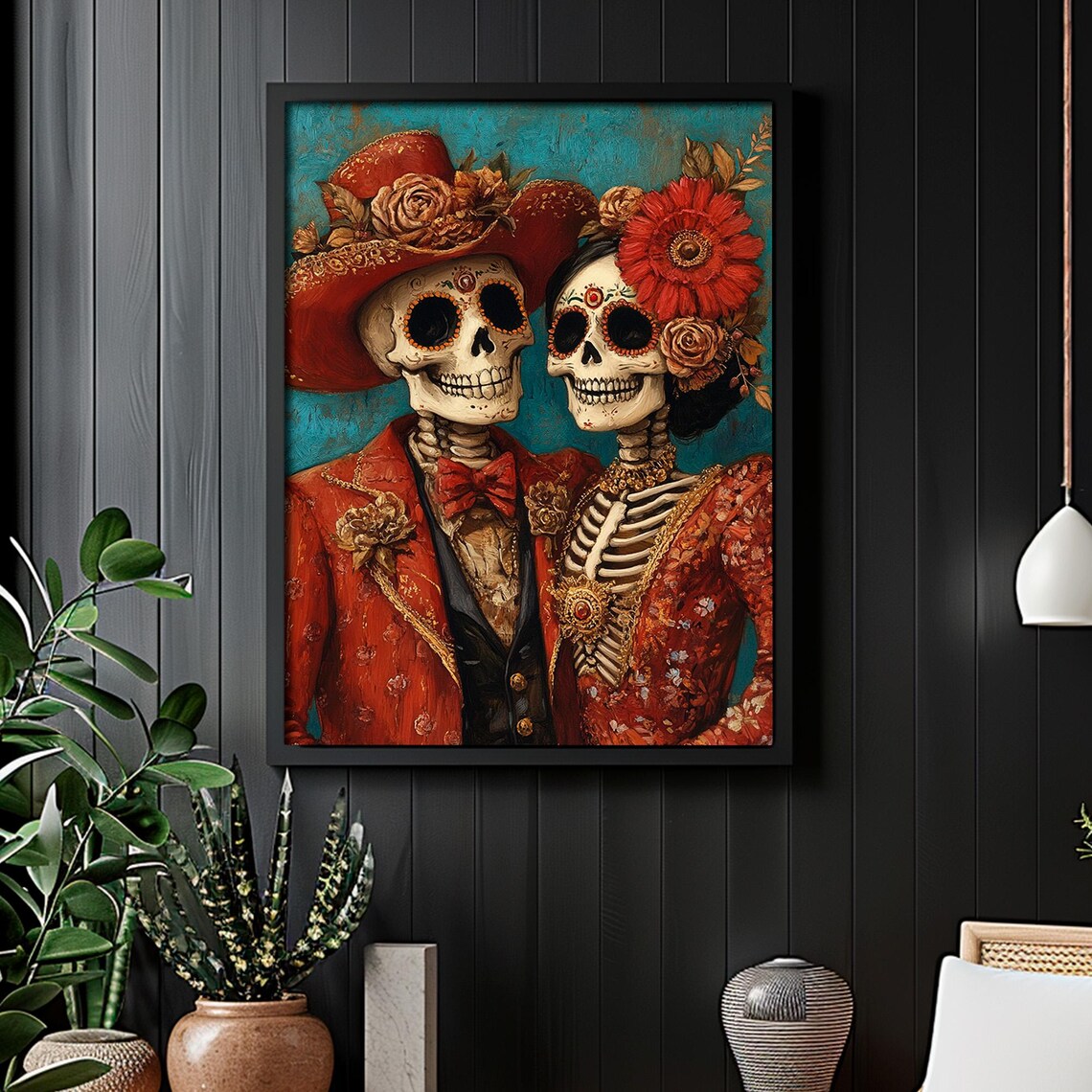Day of the Dead Skeleton Couple Red Suits Teal Sugar Skull Portrait Painting Poster - Image 4