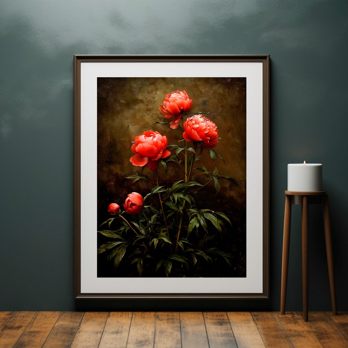 Red Peony Blossoms Dark Moody Vintage Botanical Artwork Poster - Image 6