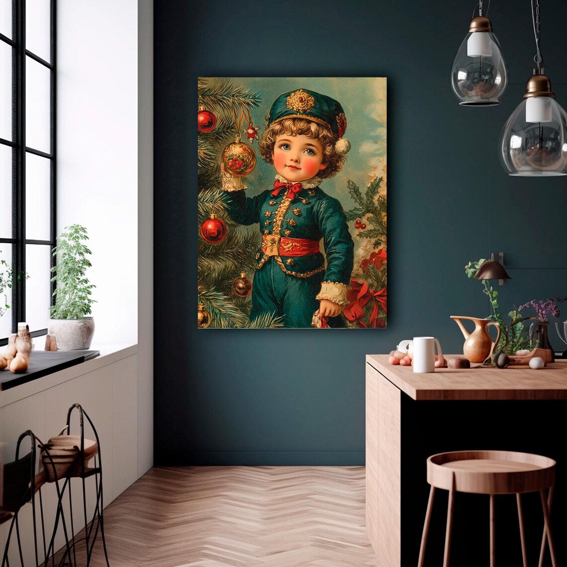 Vintage Christmas Boy Decorating Tree Antique Style Painting Poster - Image 4