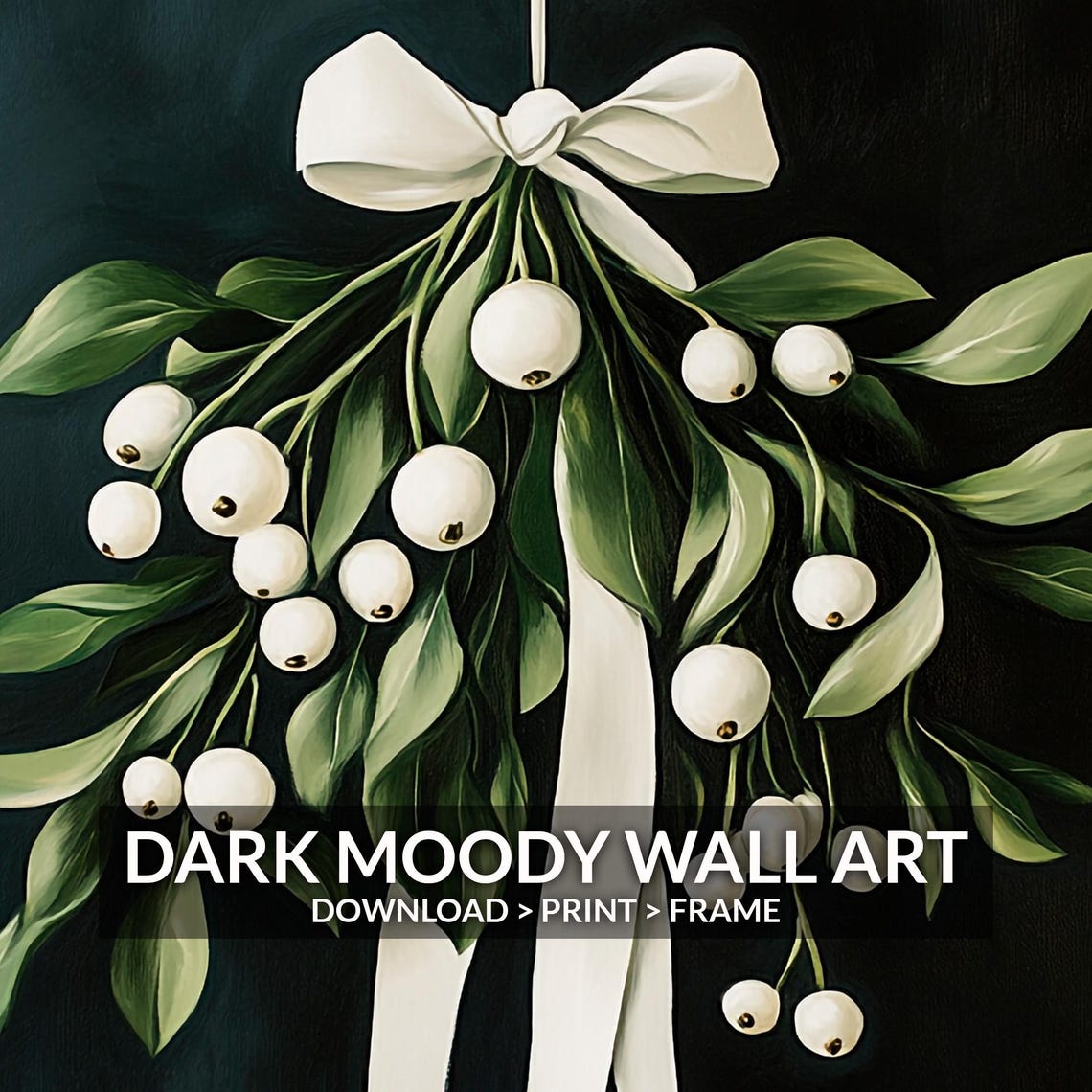 Vintage Mistletoe With White Berries And Bow Dark Botanical Wall Art - Image 6