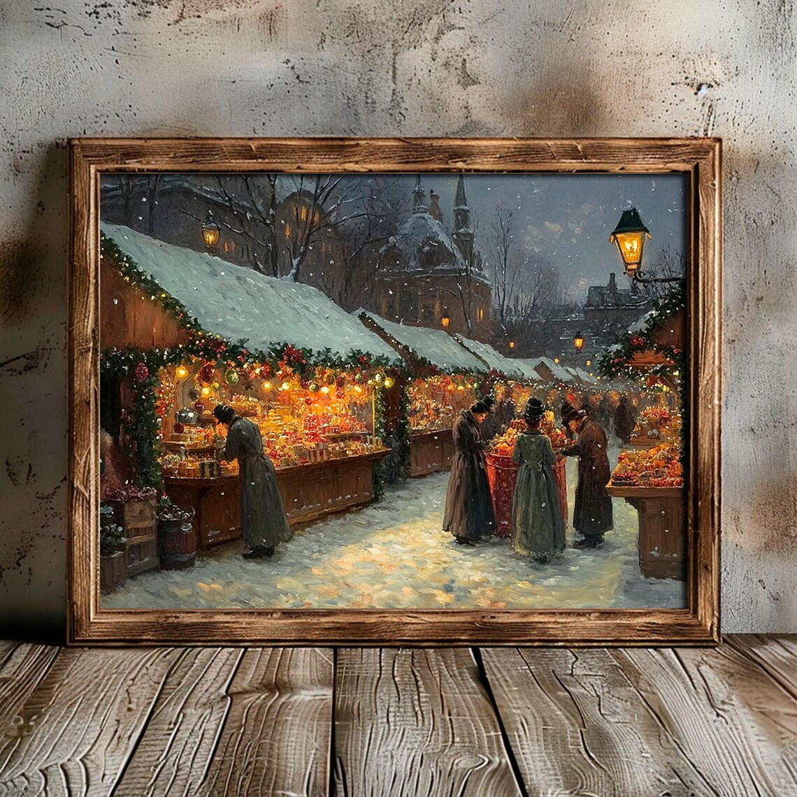 Christmas Market Lanterns Church Spire Evening Snow Painting Poster - Image 2