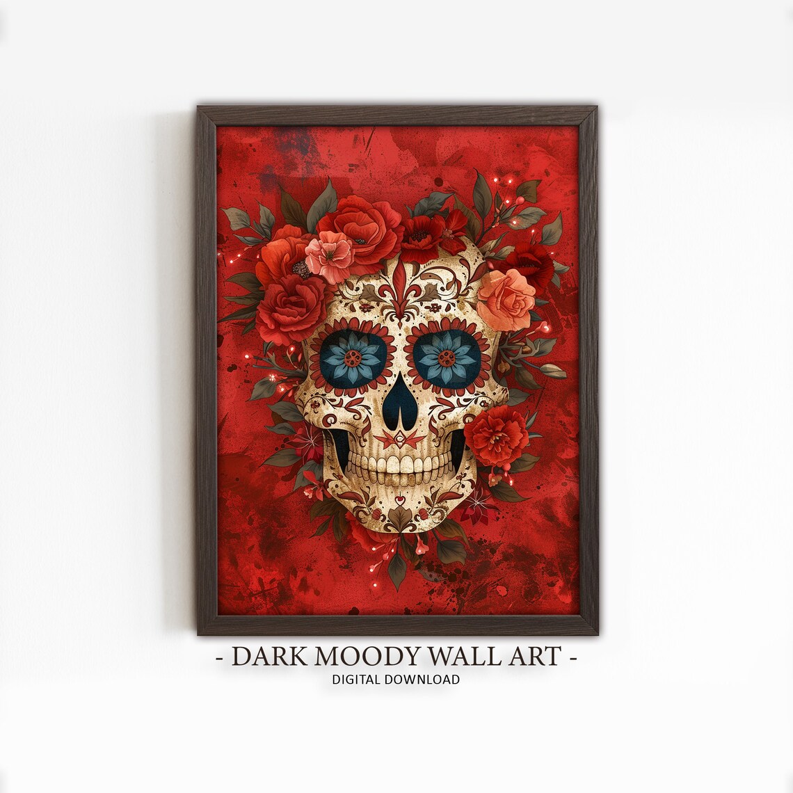 Red Floral Sugar Skull Dia De Los Muertos Mexican Folk Art Poster