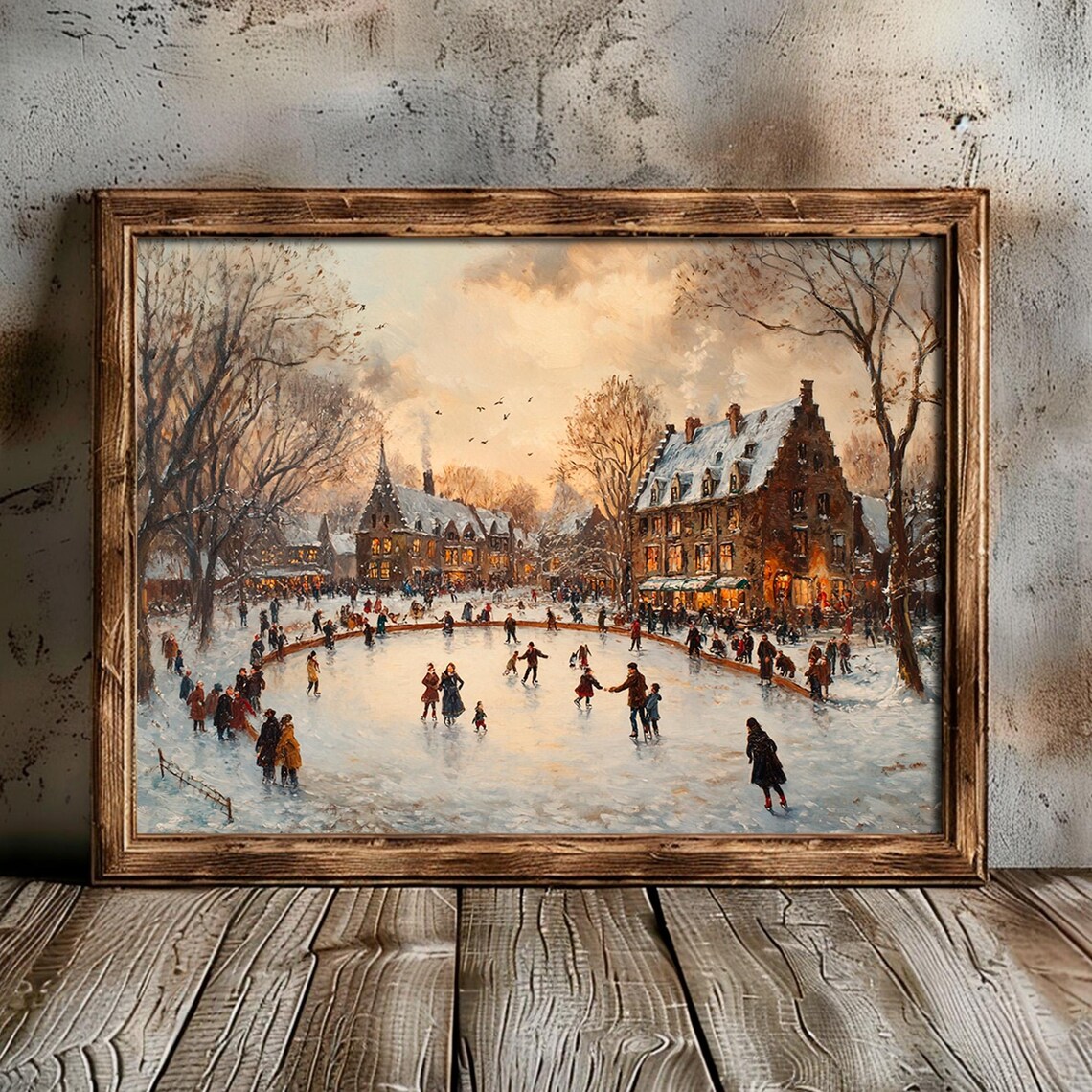 Victorian Ice Skating Village Scene Vintage Winter Painting Poster - Image 6