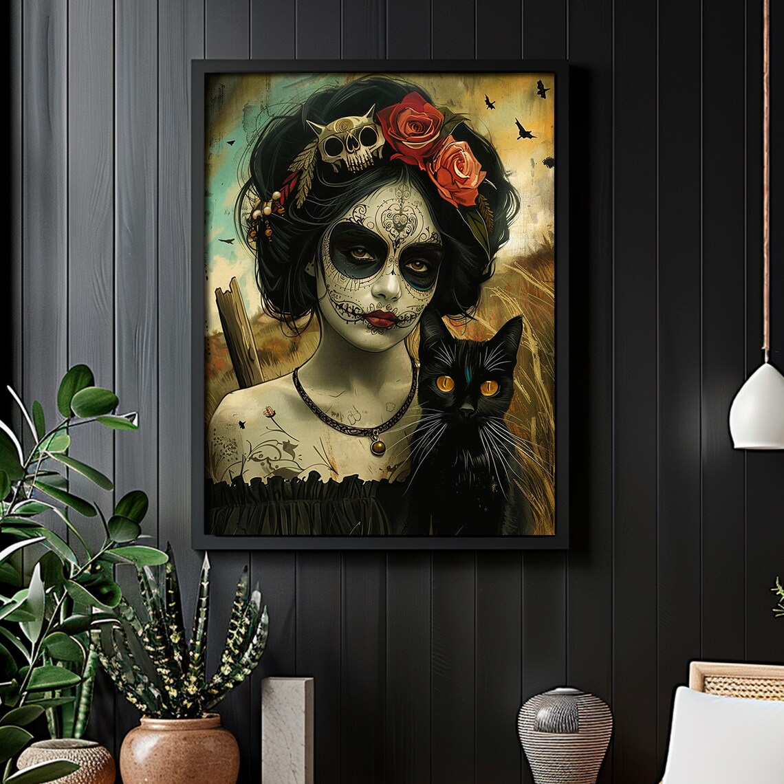 La Catrina With Black Cat Skull Crown Red Roses Dark Painting Poster - Image 2