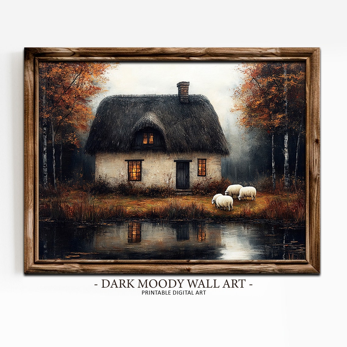 Thatched Cottage Pond Reflection Sheep Autumn Countryside Art Poster