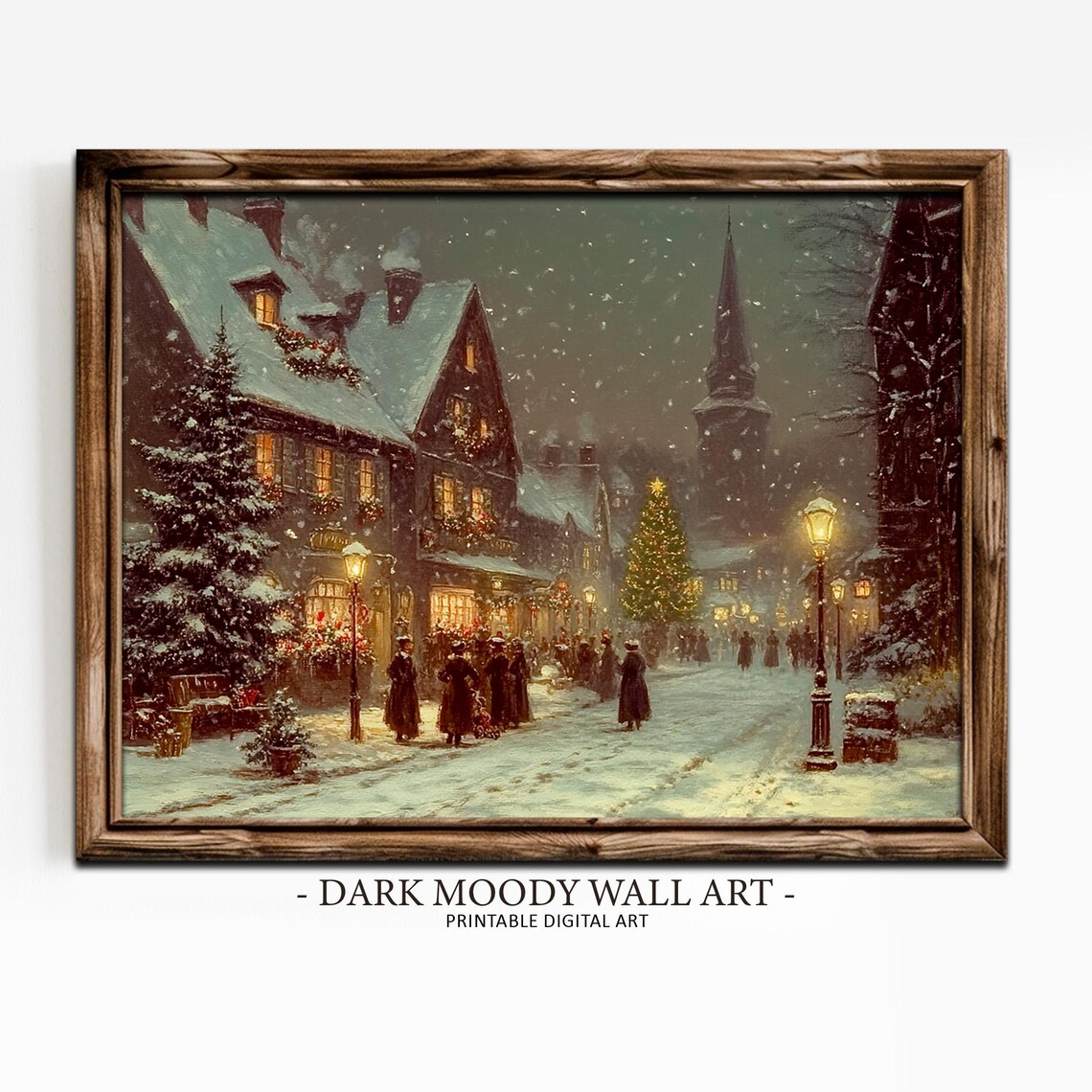 Vintage Christmas Village Wall Art Victorian City Town Street During Christmas Winter Snowy Painting Print