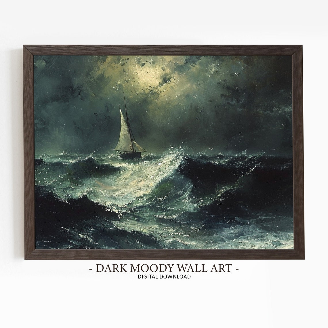 Sailboat in Stormy Night Sea Dramatic Waves Moody Ocean Poster