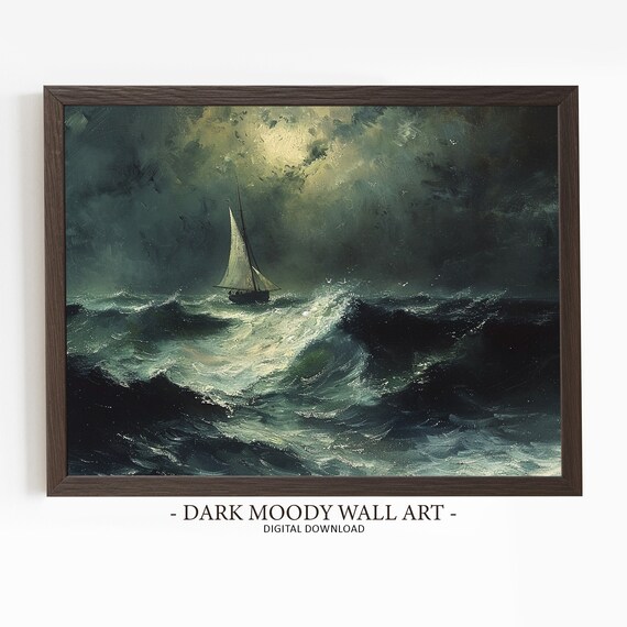 Sailboat in Stormy Night Sea Dramatic Waves Moody Ocean Poster