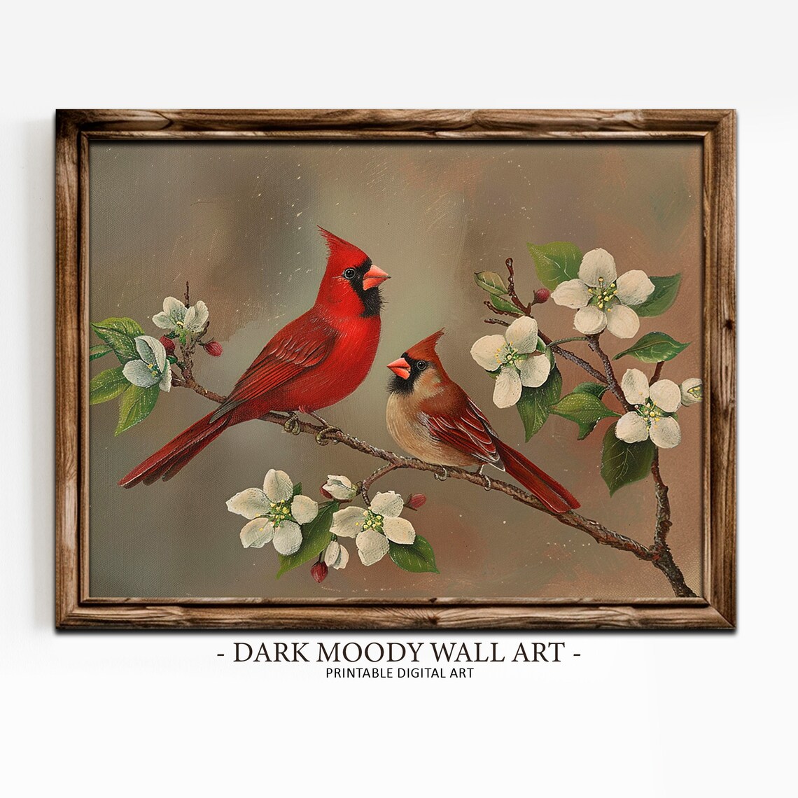 Two Cardinals Blossom Branch Painting Male Female Red Bird Poster