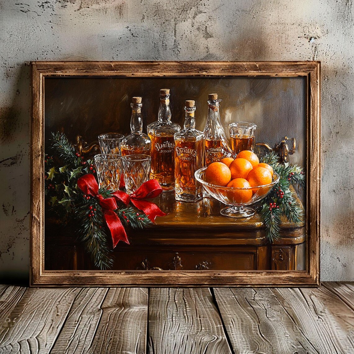 Whiskey Decanters With Oranges and Red Ribbon Holiday Wall Art - Image 4
