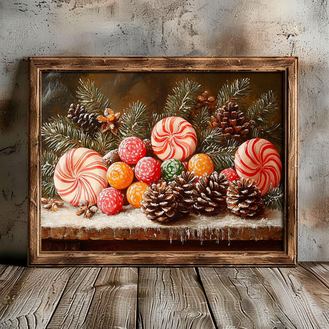 Peppermint Candies With Pine Cones on Snowy Ledge Holiday Wall Art - Image 2
