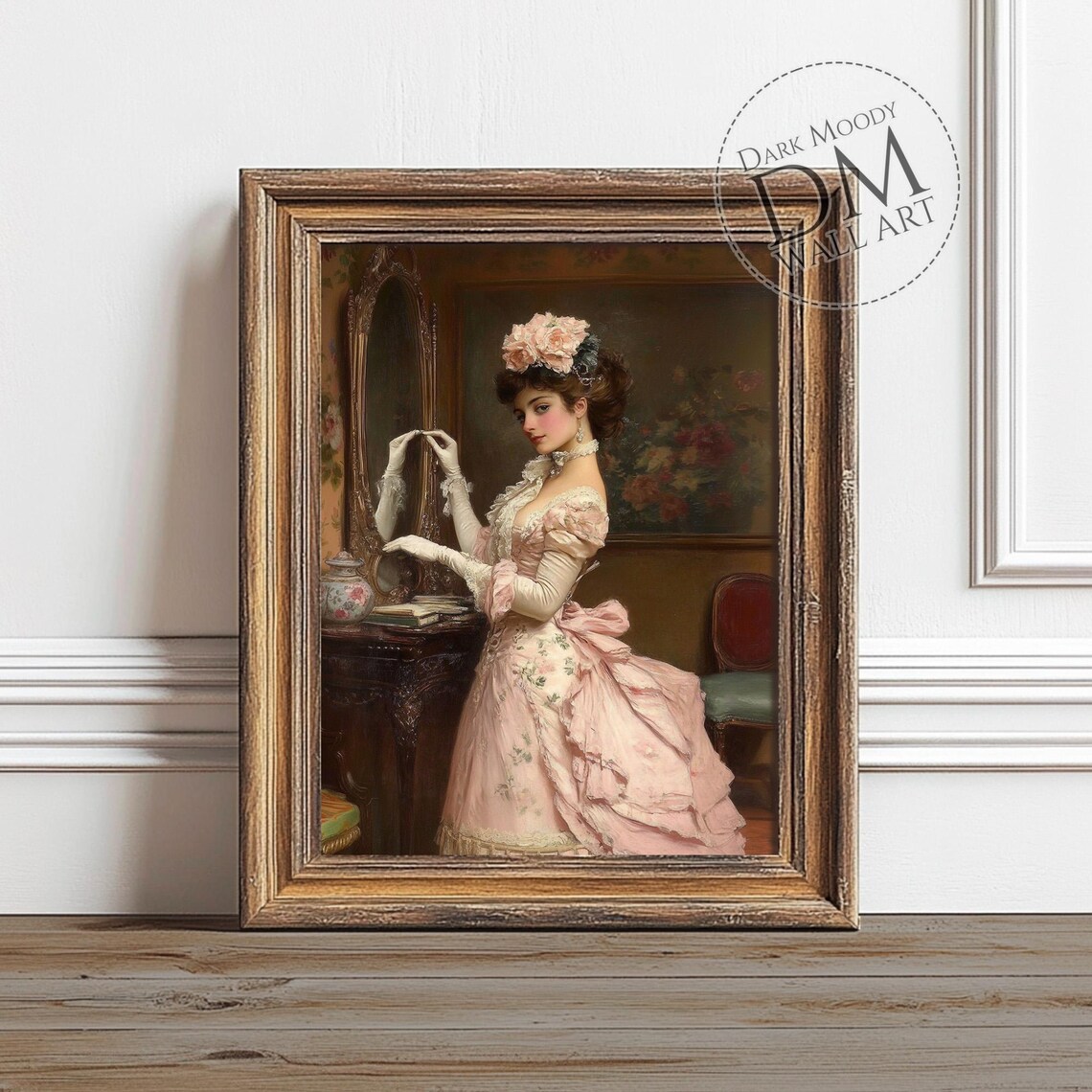 French Victorian Lady Pink Gown Mirror Moody Romantic Portrait Poster