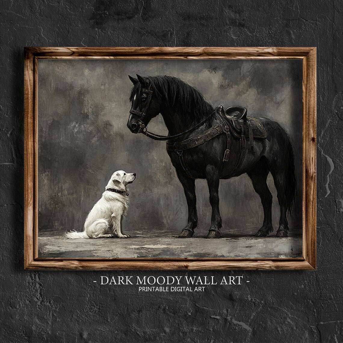 Black Horse And White Dog Vintage Dark Moody Animal Wall Art