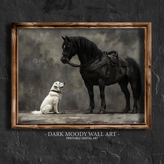 Vintage Horse Print Dark Moody Animal Wall Art Antique Dog And Black Horse Painting