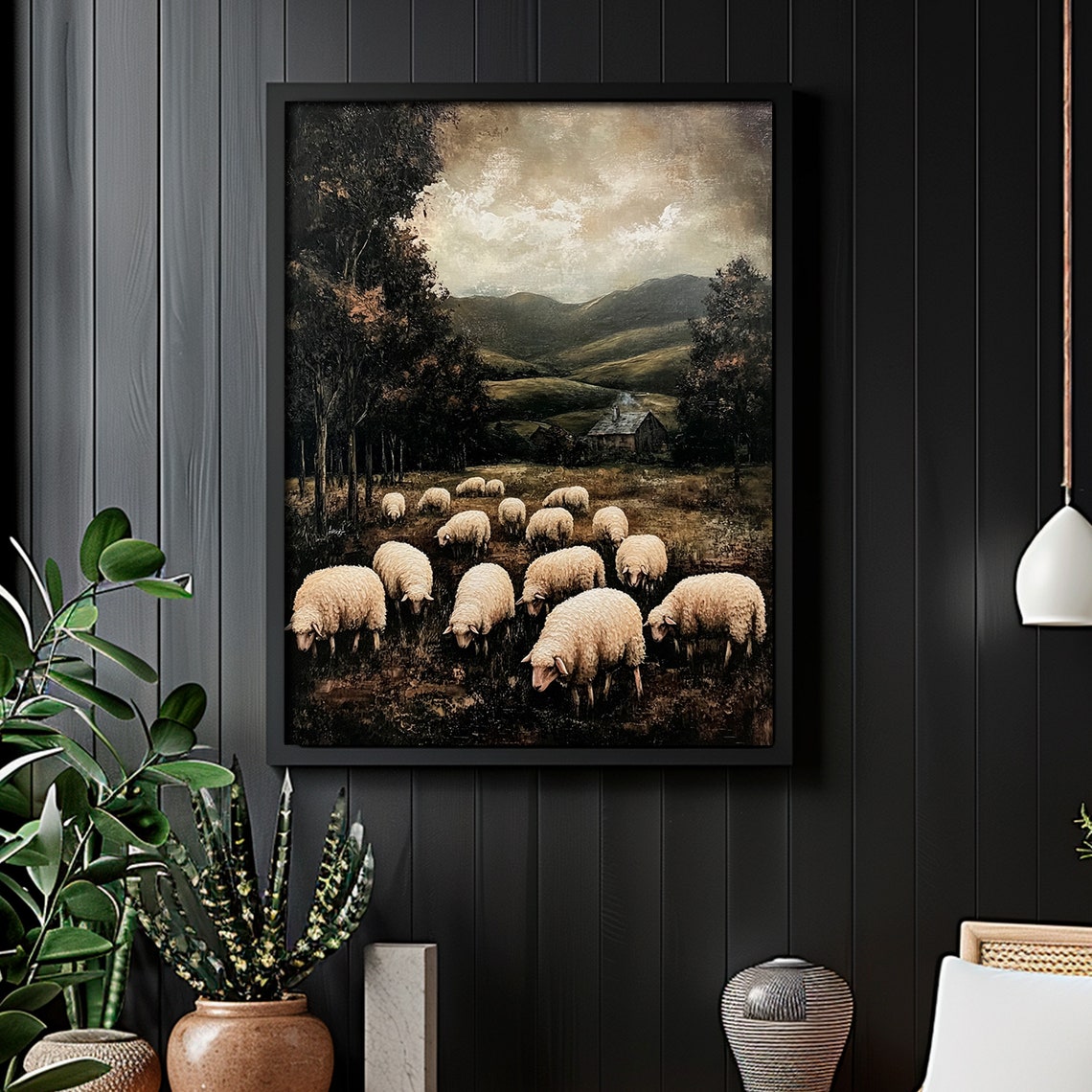 Sheep Flock Grazing Moody Valley Farmhouse Landscape Art Poster - Image 6
