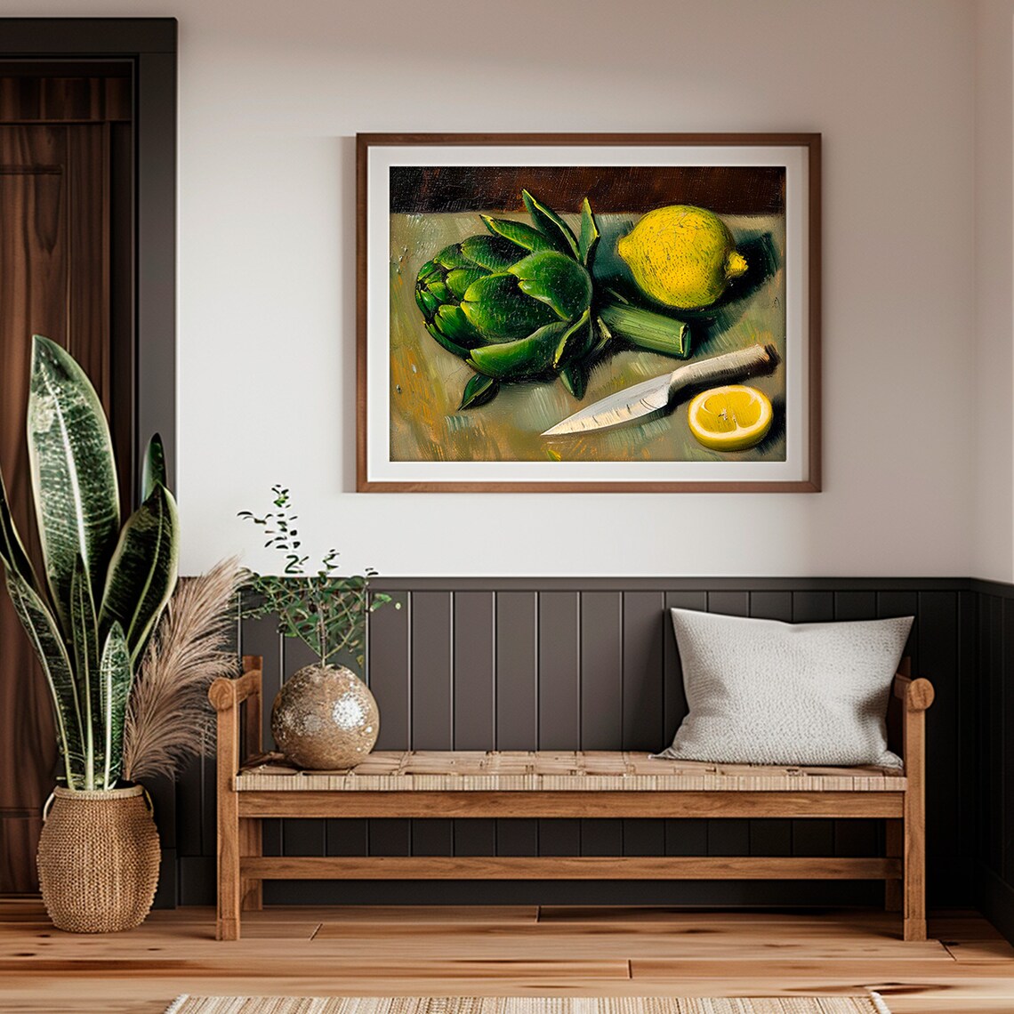 Artichoke Lemon Knife Still Life Painting Green Yellow Rustic Poster - Image 5