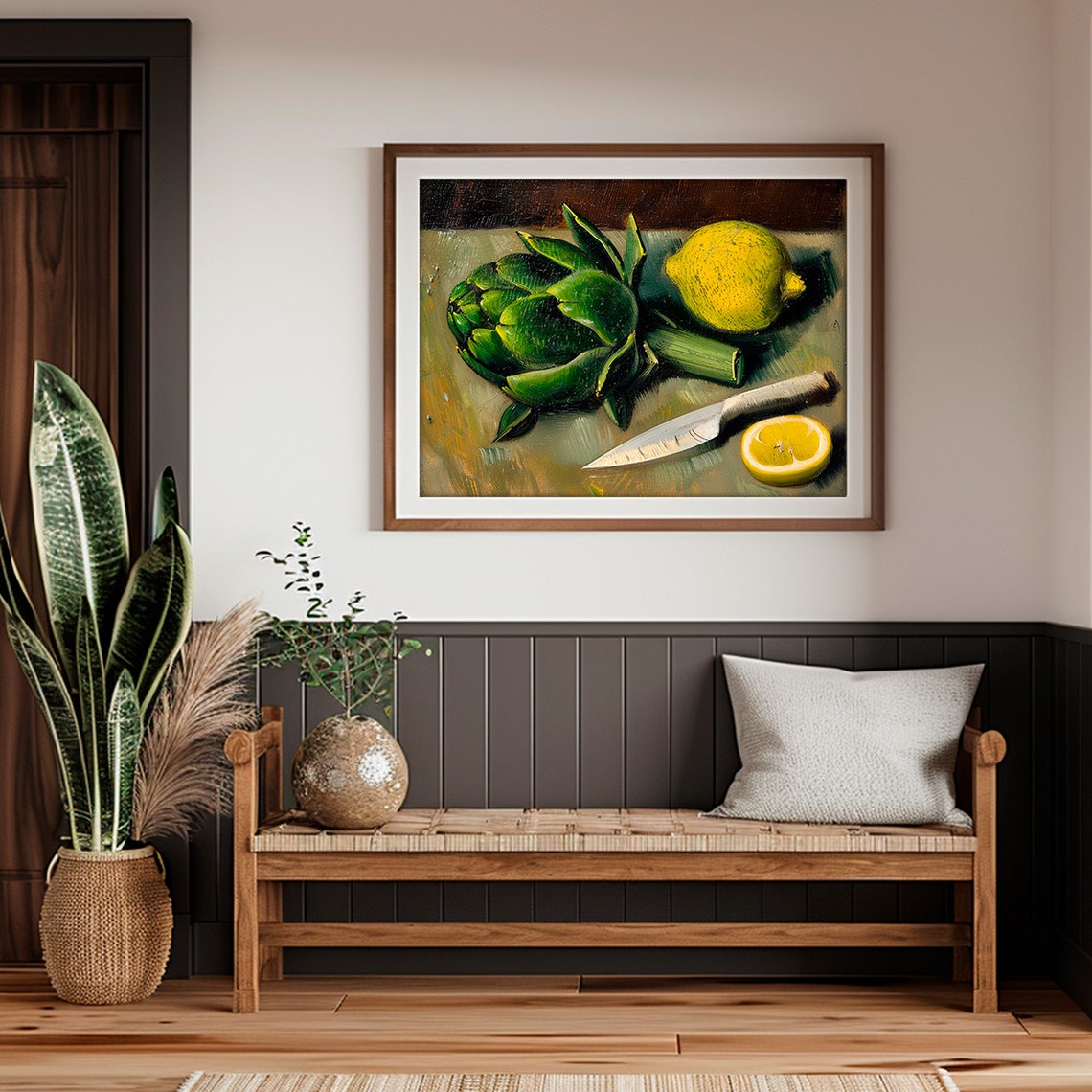 Artichoke Lemon Print Moody Kitchen Wall Decor Dark Still Life Painting Rustic Farmhouse Vegetable Wall Art - Image 5