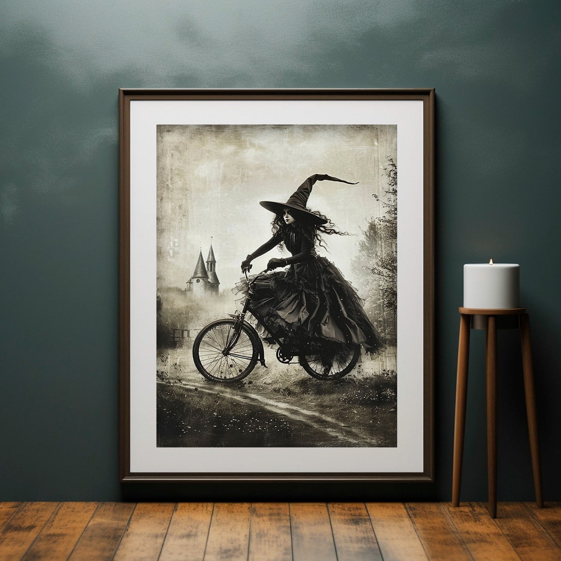 Witch Riding Bicycle Misty Path Castle Vintage Sepia Art Poster - Image 2