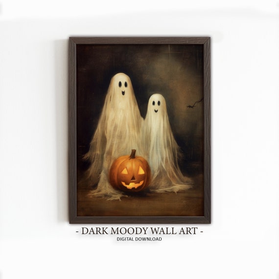 Cute Ghost Print Moody Haunted Halloween Art Gothic Ghost Couple Painting Decor