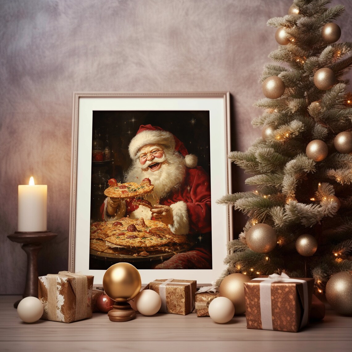 Funny Santa Claus Eating Pizza Painting Christmas Holiday Poster - Image 5