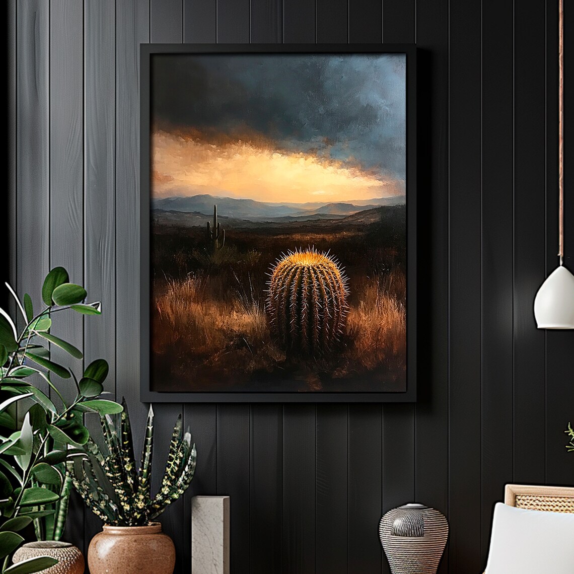 Golden Barrel Cactus Desert Sunset Moody Southwest Desert Poster - Image 6