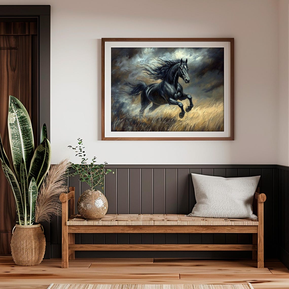 Black Horse Rearing In Golden Grass Stormy Sky Moody Equine Wall Art - Image 2