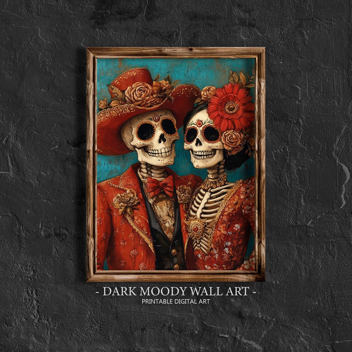 Day of the Dead Skeleton Couple Red Suits Teal Sugar Skull Portrait Painting Poster