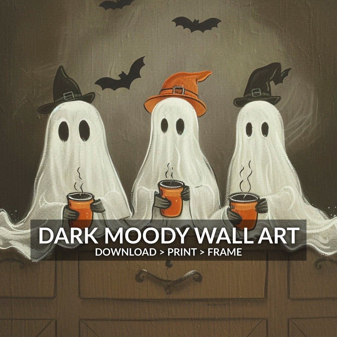 Three Ghosts Witch Hats Drinking Cocoa Cute Halloween Painting Poster - Image 5