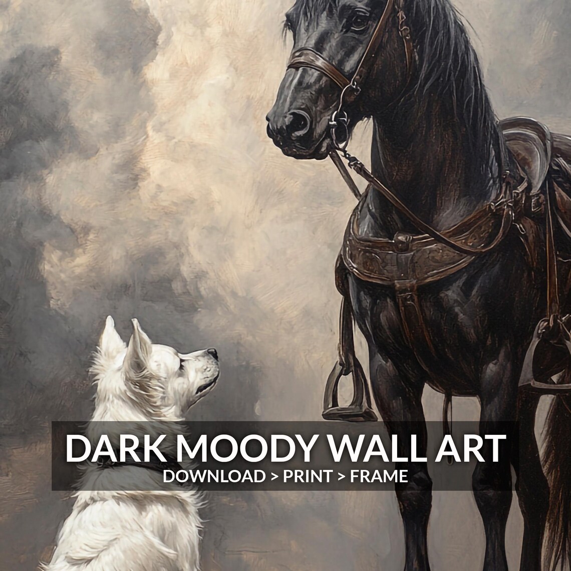 Black Horse And White Dog In Stormy Landscape Vintage Wall Art - Image 6